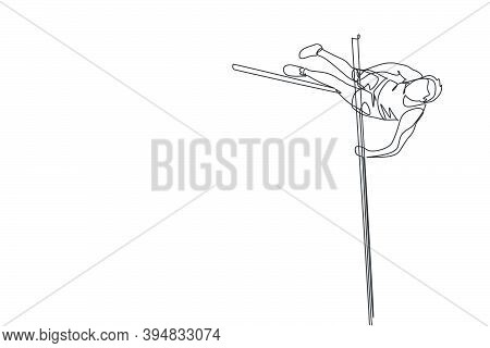 Single Continuous Line Drawing Of Young Sportive Man Training Pole Vault Through The Bar In The Fiel