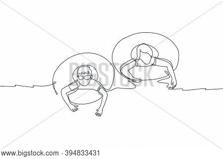 One Single Line Drawing Of Young Happy Boy And Girl Play Together In Indoor Pool Sport Center Vector
