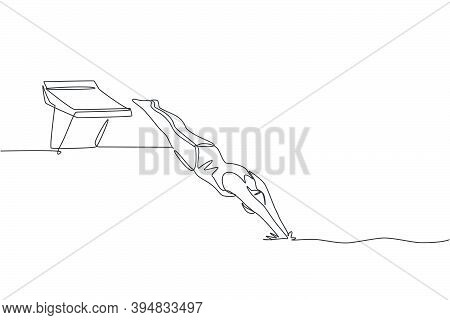 Single Continuous Line Drawing Of Young Happy Professional Swimmer Woman Jump To Pool To Train In Gy