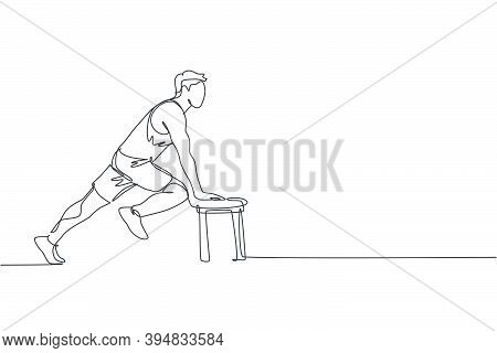 One Single Line Drawing Of Young Energetic Man Exercise Stretching Using Bench In Gym Fitness Center