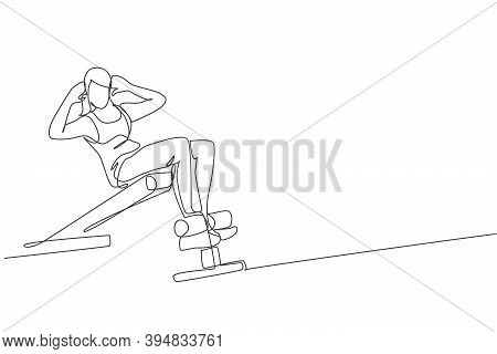 One Single Line Drawing Young Energetic Woman Exercise Sit Up Using Bench Press In Gym Fitness Cente