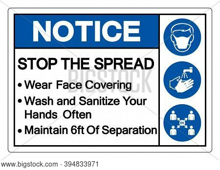 Notice Wear Face Covering Wash And Sanitize Your Hands Often Maintain 6ft Of Separation Symbol Sign,
