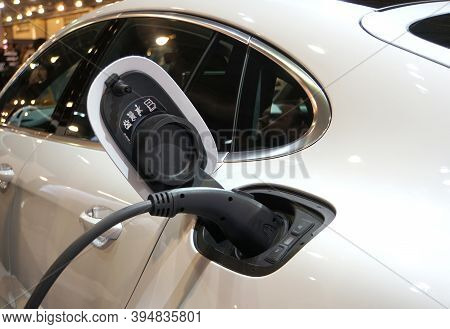 Philadelphia, Pennsylvania, U.s.a - February 10, 2019 - Electric Charging Port Of A White 2020 Porsc