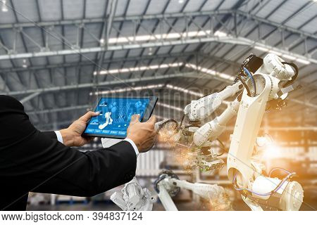 Manager Engineer Check Control Automation Robotic Arms, Industrial Robots, Factory Automation Machin
