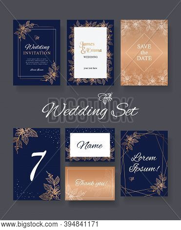 Floral Wedding Set Of Print Templates For Printing In Dark Color With Area For Text. Indigo With Gol