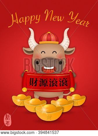 2021 Chinese New Year Of Cute Cartoon Ox Holding Scroll Reel Spring Couplet And Golden Ingot. Chines