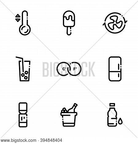 Set Of Black Icons Isolated On White Background, On Theme Cold Drinks, Ice Cream And Cooling Systems