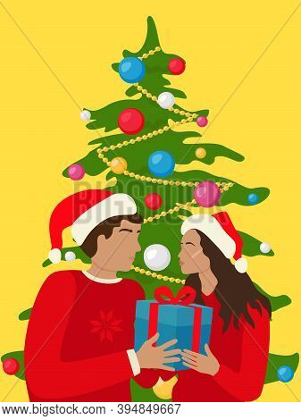 Family In Winter, Hand Drawn Vector Illustration Of A Happy Family In Christmas And New Year Decorat