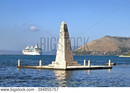 Argostoli, Greece - October 17:  The View Beyond A Monument In Argostoli Bay On The Greek Island Of 