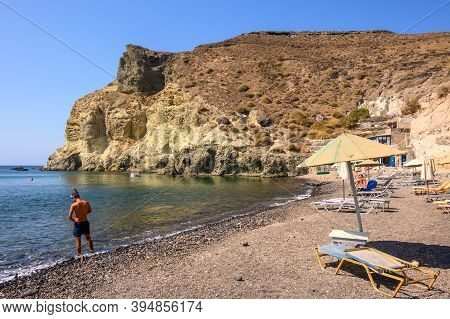 Santorini, Greece - September 16, 2020: Kambia Beach Located At The South West Coast Of Santorini, I