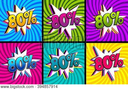 Comic Text 80 Percent Quality Set. Colored Speech Bubble On Radial Background. Comics Book Explosion
