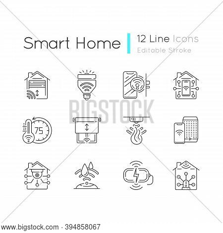 Smart House Linear Icons Set. Innovatonal Window Blinds Sensor. Remote Controlled Light Bulbs. Custo