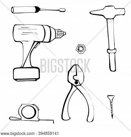 Drilling Machine Tools Set Isolated On White Background