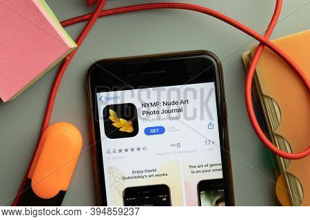 New York, United States - 7 November 2020: Nymf Nude Art Photo Journal App Store Logo On Phone Scree