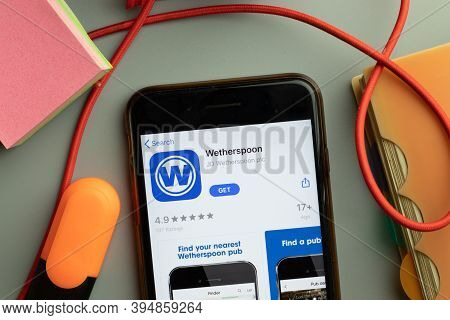 New York, United States - 7 November 2020: Wetherspoon App Store Logo On Phone Screen, Illustrative 
