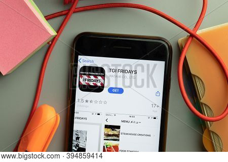 New York, United States - 7 November 2020: Tgi Fridays App Store Logo On Phone Screen, Illustrative 