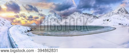 Fantastic Winter View Of Vik And Haukland Beaches During Sunset With Lots Of Snow  And Snowy  Mounta
