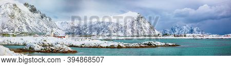 Fabulous Snowy Winter Scene Of  Valberg Village With Snowy  Mountain Peaks On Lofoten Islands.  Loca