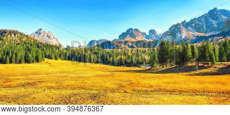 Scenic Image Of Meadow In National Park Tre Cime Di Lavaredo. Location: National Park Tre Cime Di La