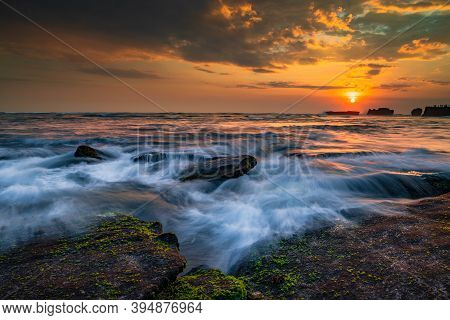 Beautiful Seascape. Sunset Scenery Background. Moving Waves. Low Tide At The Beach. Composition Of N