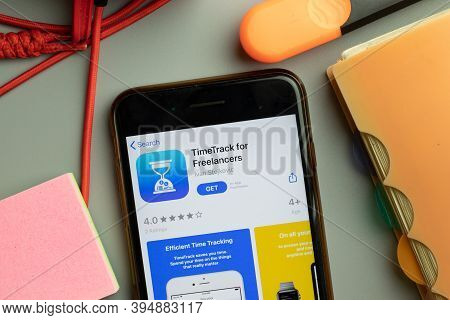 New York, United States - 7 November 2020: Timetrack For Freelancers App Store Logo On Phone Screen,