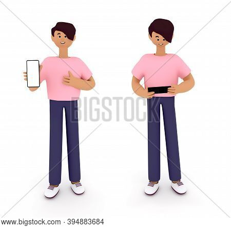 Cute Guy  Is Standing, Holding Phone , Showing Empty Screen For Advertising Or  Infrmation. Social M