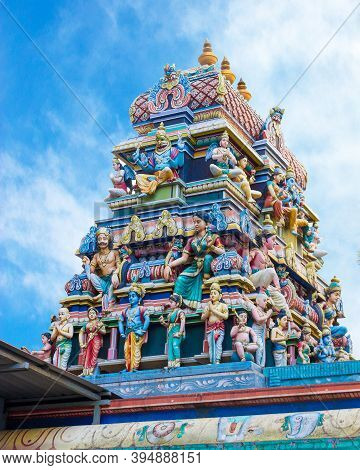 Sri Maha Mariamman Temple Of 5-tiered Gopuram Or Tower Decorated With Colorful Statues Of Hindu Gods