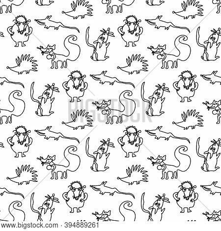One Line Hand Drawn Animals Rat, Mouse, Mole, Hedgehog. Seamless Pattern