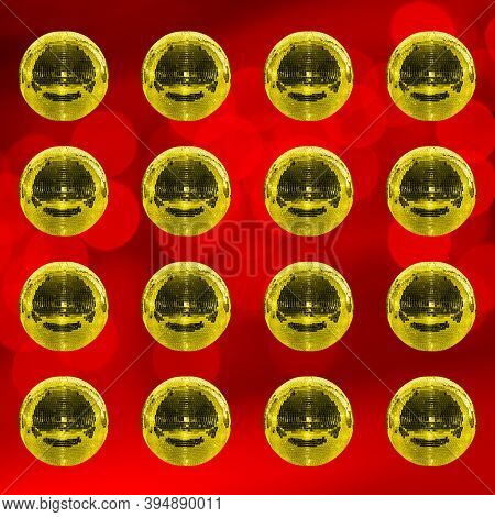 Disco Ball On A Red Background. Nightlife, Club, Party Invitation. Minimal Modern Style.