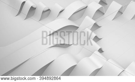 White Folds Of Stripes On A Surface. Deformed Creased Surface With Soft Light. Modern Bright Backdro