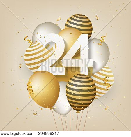 Happy 24th Birthday With Gold Balloons Greeting Card Background. 24 Years Anniversary. 24th Celebrat