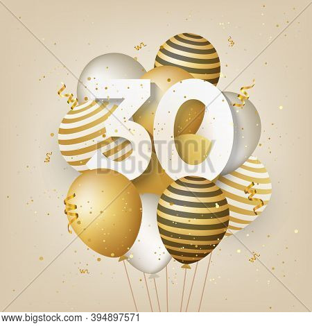 Happy 30th Birthday With Gold Balloons Greeting Card Background. 30 Years Anniversary. 30th Celebrat