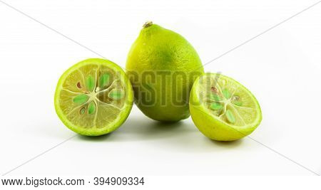 Illustrative Photo Of Limequat, Banner, On White Isolated Background, Macro