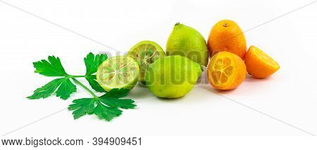 Kumquats And Limequats, Beautiful Composition Of Small Citrus Fruits On White Isolated Background Ba