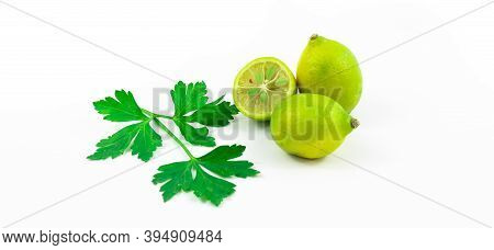 Several Beautiful Ripe Limequats Composition On White Isolated Background