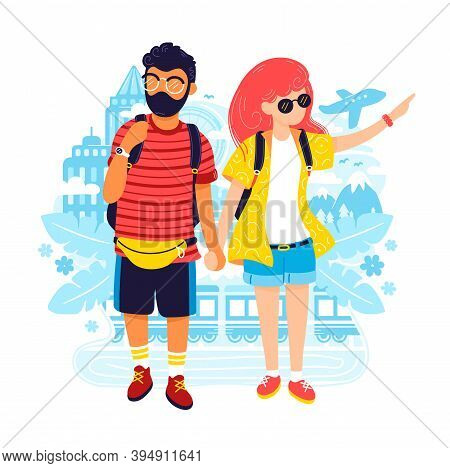 Young Man And Woman Couple In Travel. Vector Modern Trendy Flat Cartoon Character Illustration Icon 