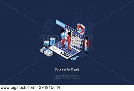 Successful Financial Deals Concept Illustration In Cartoon 3d Style. Isometric Vector Composition Of
