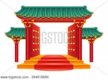 Entrance, Chinese Gate With Green Bamboo Roof Isolated Temple With Decorative Columns And Pillars. P