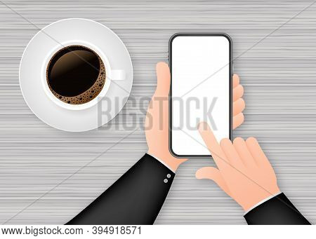 Smartphone On Hand. Telephone Icon. Touchscreen, Phone Display. Cell Phone Vector Icon. Flat Graphic