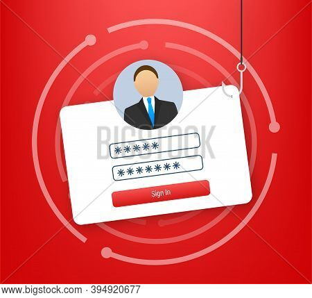 Data Phishing With Fishing Hook, Laptop, Internet Security. Vector Stock Illustration.