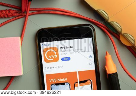 New York, United States - 7 November 2020: Vvs Mobil App Store Logo On Phone Screen, Illustrative Ed