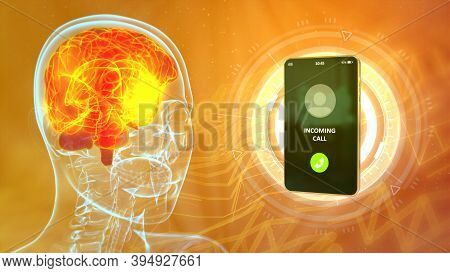 Holo Human Head Image With Calling Smartphone, Brain Damage By Lte Communication Concept - Medical 3