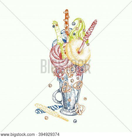 Monster Shake Dessert, Isolated Background. Hand Drawn Color Line Art, Sketch Style Chocolate, Donut