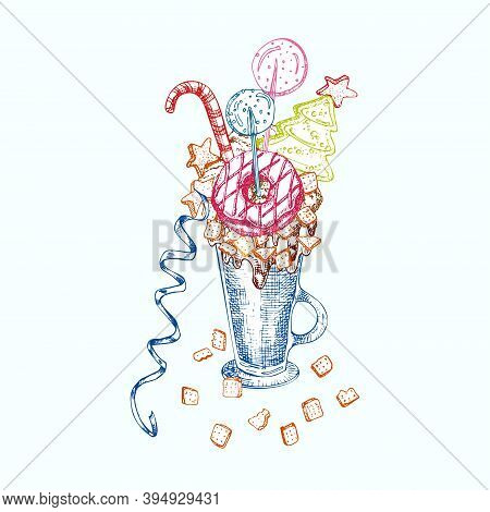 Monster Shake Dessert, Isolated Background. Hand Drawn Color Line Art, Sketch Style Chocolate, Donut