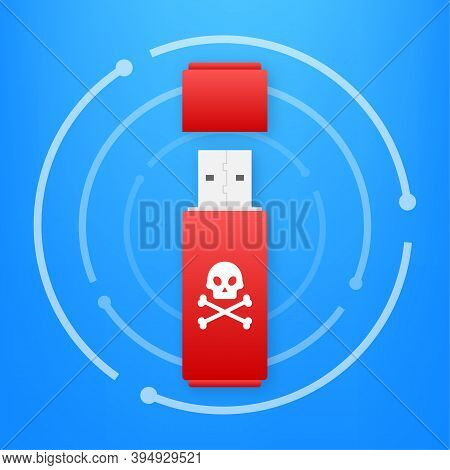 Computer Virus On Usb Flash Card. Virus Protection. Vector Stock Illustration.