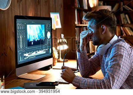 Tired Overworked Young Business Man Taking Off Glasses Rubbing Tired Dry Eyes After Long Pc Computer