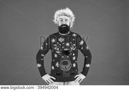 Christmas Party Time. Cold Weather Fashion For Men. Happy New Year. Bearded Man On Red Wall. Funny M