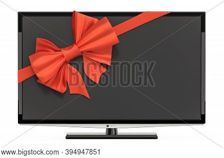Modern Tv Set With Ribbon And Bow, Gift Concept. 3d Rendering Isolated On White Background