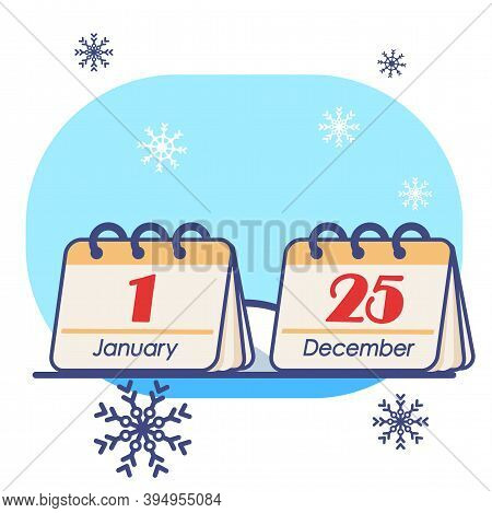 Calendar Pages Set On White Isolated Backdrop. Christmas Holiday Postcard For Invitation Or Gift Car