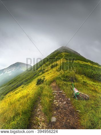 Mountain Landscape With Trail And Green Meadow And Forest, Velyka Syvulya Mountain, Karpaty, Ukraine